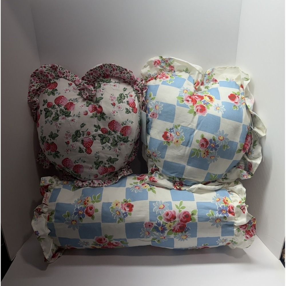 Cath Kidston Of London Pillow Set of 3- Floral Blue Check Rose & Strawberry